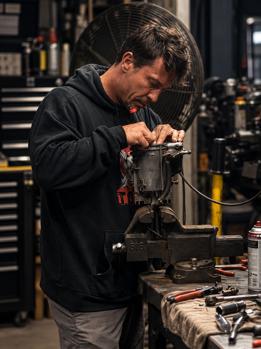 Chris working on a carburetor